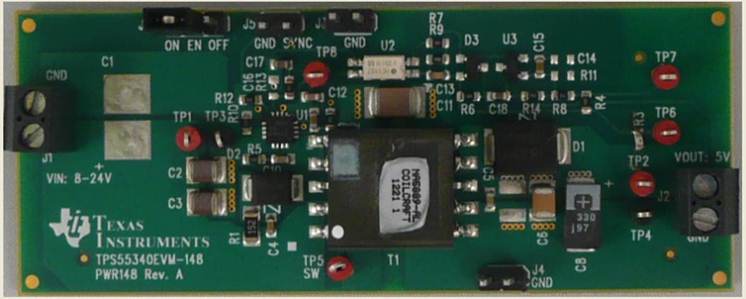 TPS55340EVM-148 用于 TPS55340 5A、40V 电流模式集成 FET DC 转换器的隔离式反激拓扑模块 top board image
