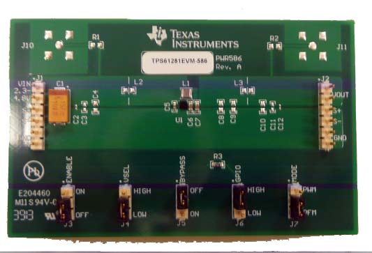 TPS61281EVM-586 TPS61281EVM-586 - 具有直通模式评估模块的升压转换器 top board image