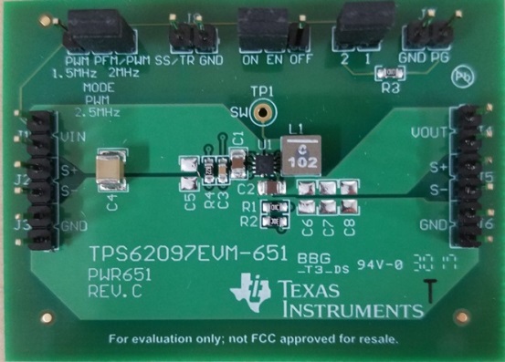 TPS62097EVM-651 EVM - 采用 iDCS-Control 技术且支持强制 PWM 模式和可选开关频率的 2A 降压转换器 top board image