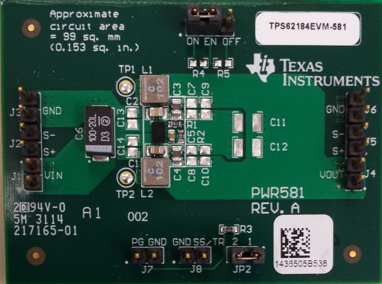 TPS62184EVM-581 具有自动效率增强 (AEE TM) 功能的 17V 输入、6A 输出两相降压转换器 top board image