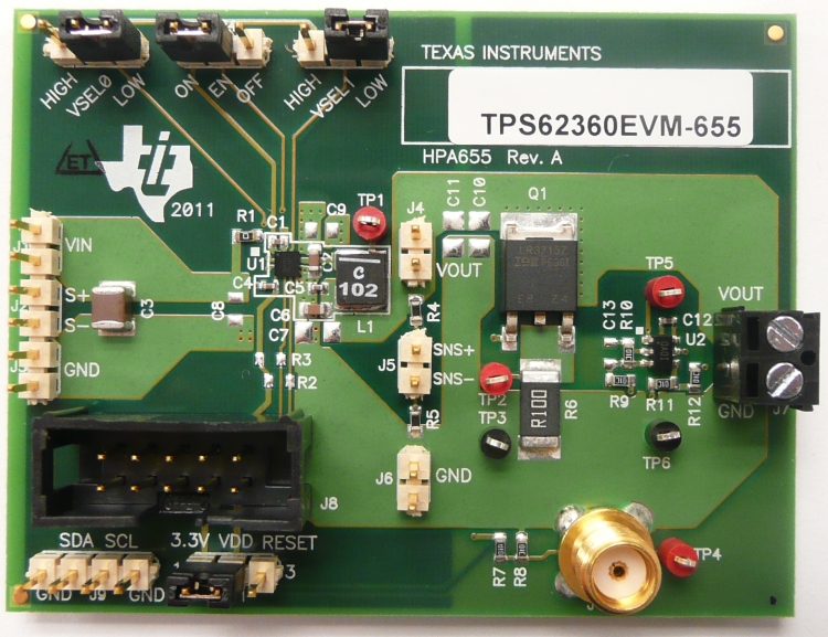 TPS62360EVM-655 用于具有 I2C 兼容接口和遥感功能的 TPS62360 处理器核心电源的评估模块 top board image