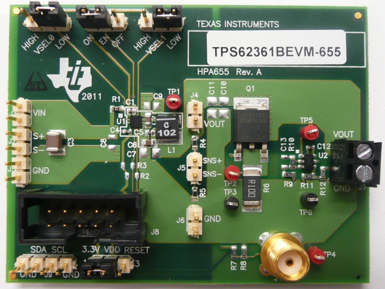 TPS62361BEVM-655 用于具有 I2C 兼容接口和遥感功能的 TPS62361B 处理器核心电源的评估模块 top board image