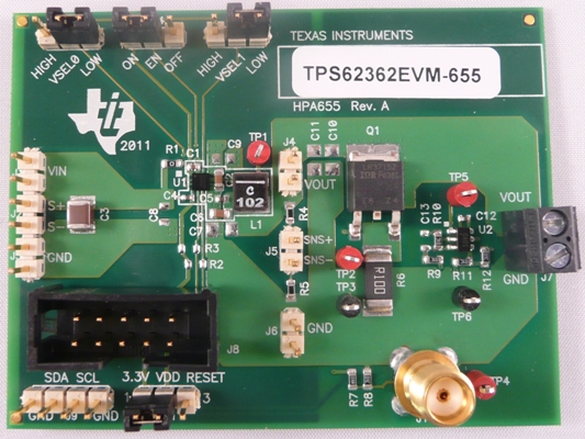 TPS62362EVM-655 用于具有 I2C 兼容接口和遥感功能的 TPS62362 处理器核心电源的评估模块 top board image