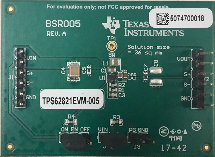TPS62821EVM-005 带有 DCS-Control™ 的 TPS62821 1A 降压转换器评估模块 top board image