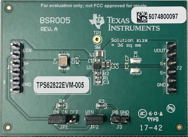 TPS62822EVM-005 带有 DCS-Control™ 的 TPS62822 2A 降压转换器评估模块 top board image