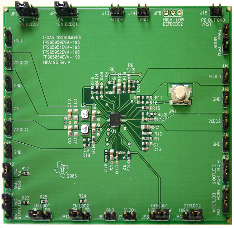 TPS65051EVM-195 具有 2 个直流/直流通道的 TPS65051 6 通道电源管理 IC 评估模块板 top board image