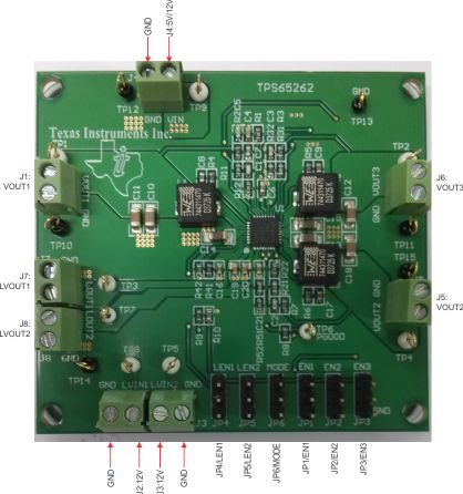 TPS65262EVM-619 具有双路 200mA/100mA LDO 的 TPS65262 18V 输入、三路 3A/1A/1A 降压转换器评估模块 top board image