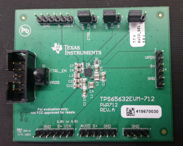 TPS65632EVM-712 TPS65632 三路输出 AMOLED 显示器电源评估模块 top board image