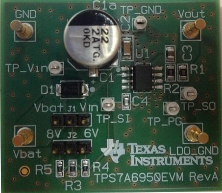 TPS7A6950EVM TPS7A6950 汽车类 150mA 高电压超低 IQ 12uA LDO 稳压器评估模块 top board image