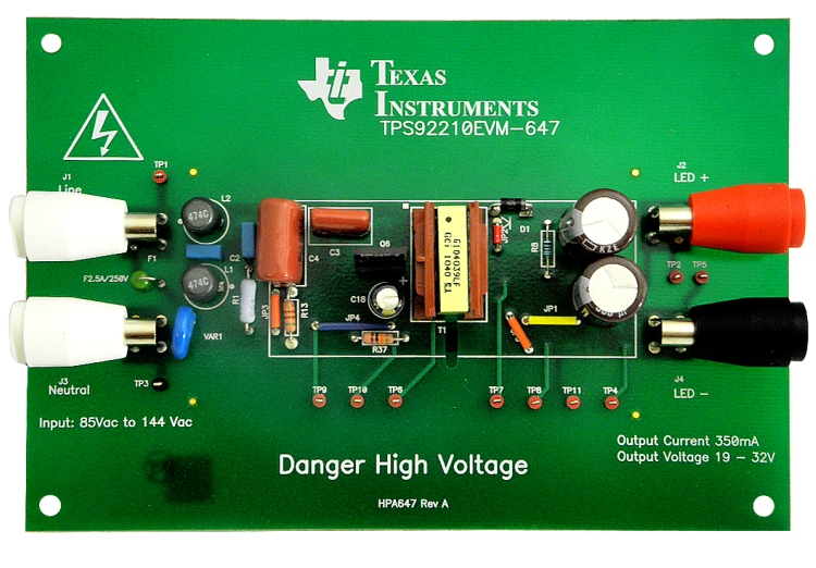 TPS92210EVM-647 用于 120VAC TRIAC 可调光灯泡更换设计的 TPS92210 评估模块，具有自然交错 PFC top board image
