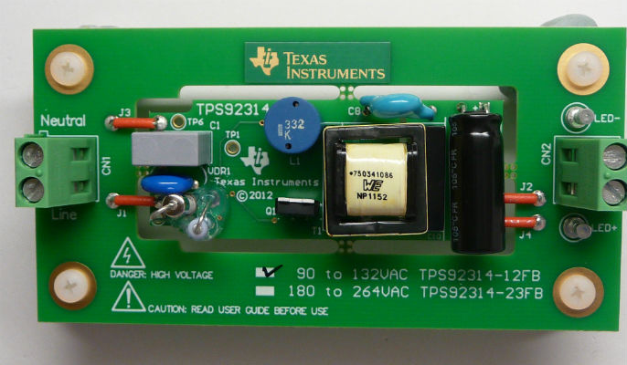 TPS92314A19120VEVM 具有 PFC 评估模块板的 TPS92314A19120VEVM 离线初级侧感应控制器 top board image