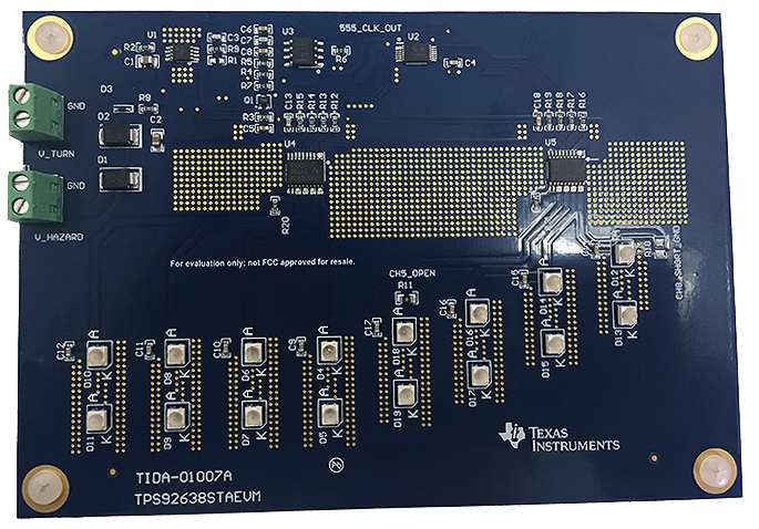 TPS92638STAEVM 具有连续转向动画显示功能、符合 EMC 标准的汽车 LED 尾灯评估模块 top board image