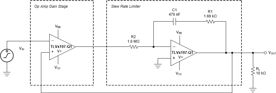 TLV197-Q1 TLV2197-Q1 TLV4197-Q1 tlvx197-q1-slew-rate-limiter-uses-one-op-amp.gif