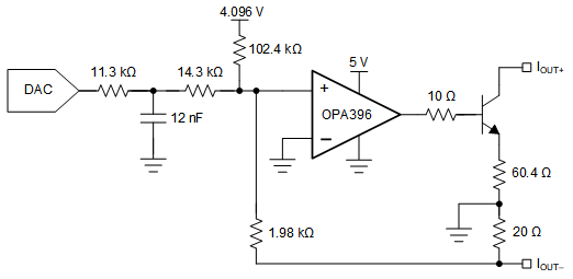 OPA396 OPA2396 OPA4396 4-20mA
                    Loop Interface Schematic