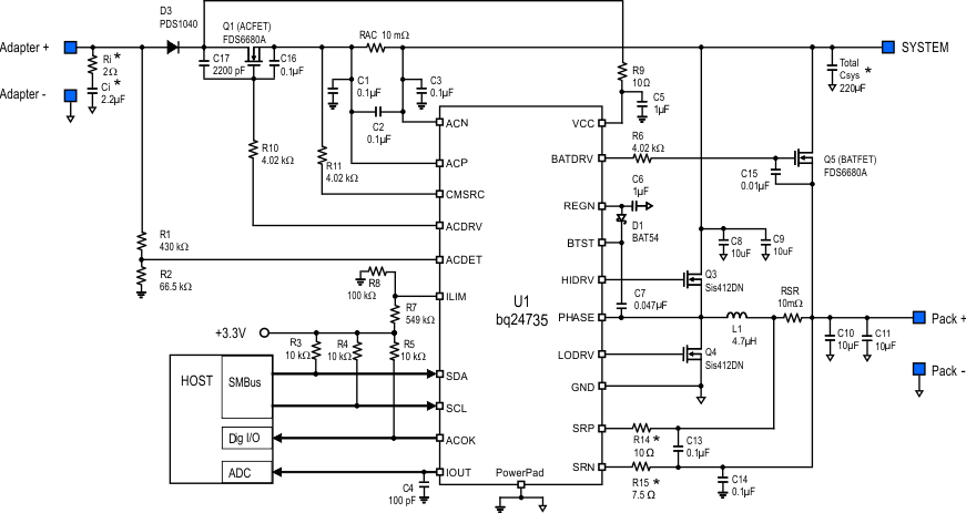 bq24735 Typical System Schematic
With One NMOS Selector and Schottky Diode bq24735 sch2_schottky_lusak9.gif