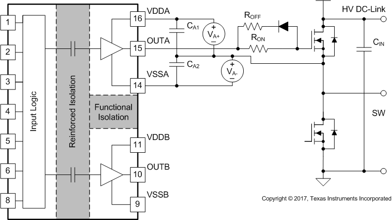 UCC21351-Q1 Negative
                    Bias with Two Iso-Bias Power Supplies