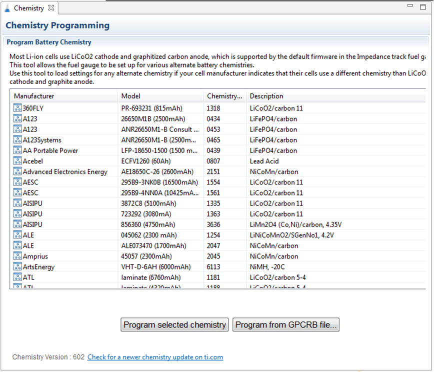 BQ40Z80EVM-020 Chemistry
                    Screen