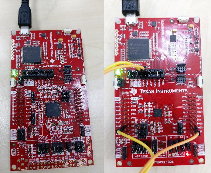  LaunchPad 套件连接（左：LP-MSPM0G3507，右：LP-MSPM0L1306）