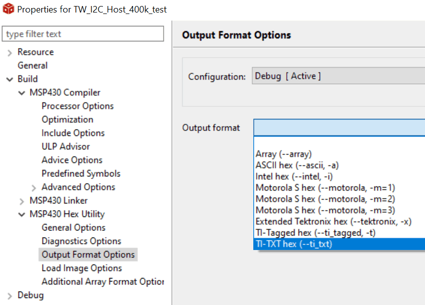  在 CCS 中生成 TI-TXT 十六进制文件