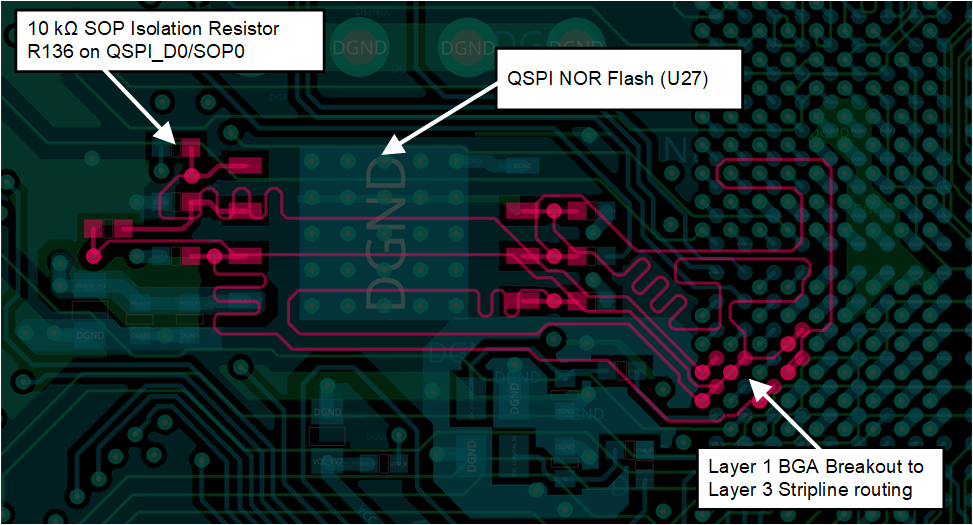  LP-AM263 LaunchPad 布局摘录 – 突出显示 SOP0/QSPI_D0 路径和 SOP 隔离电阻器