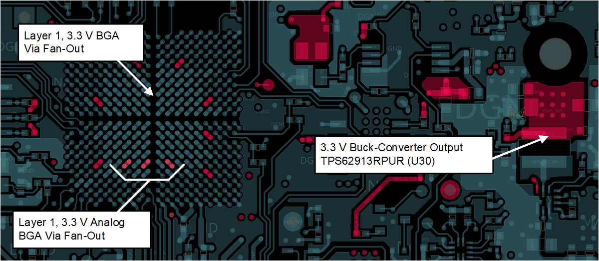  AM263x controlCARD 摘录 – 3.3V 数字 I/O 和模拟 I/O BGA 引脚排列和稳压器输出