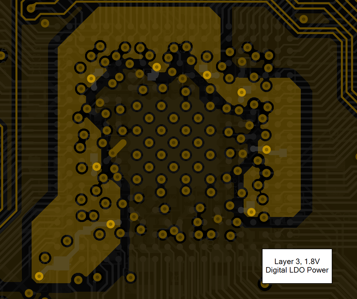  AM261x LaunchPad 摘录 – 1.8V 数字电源过孔扇出和平面布线，第 3 层