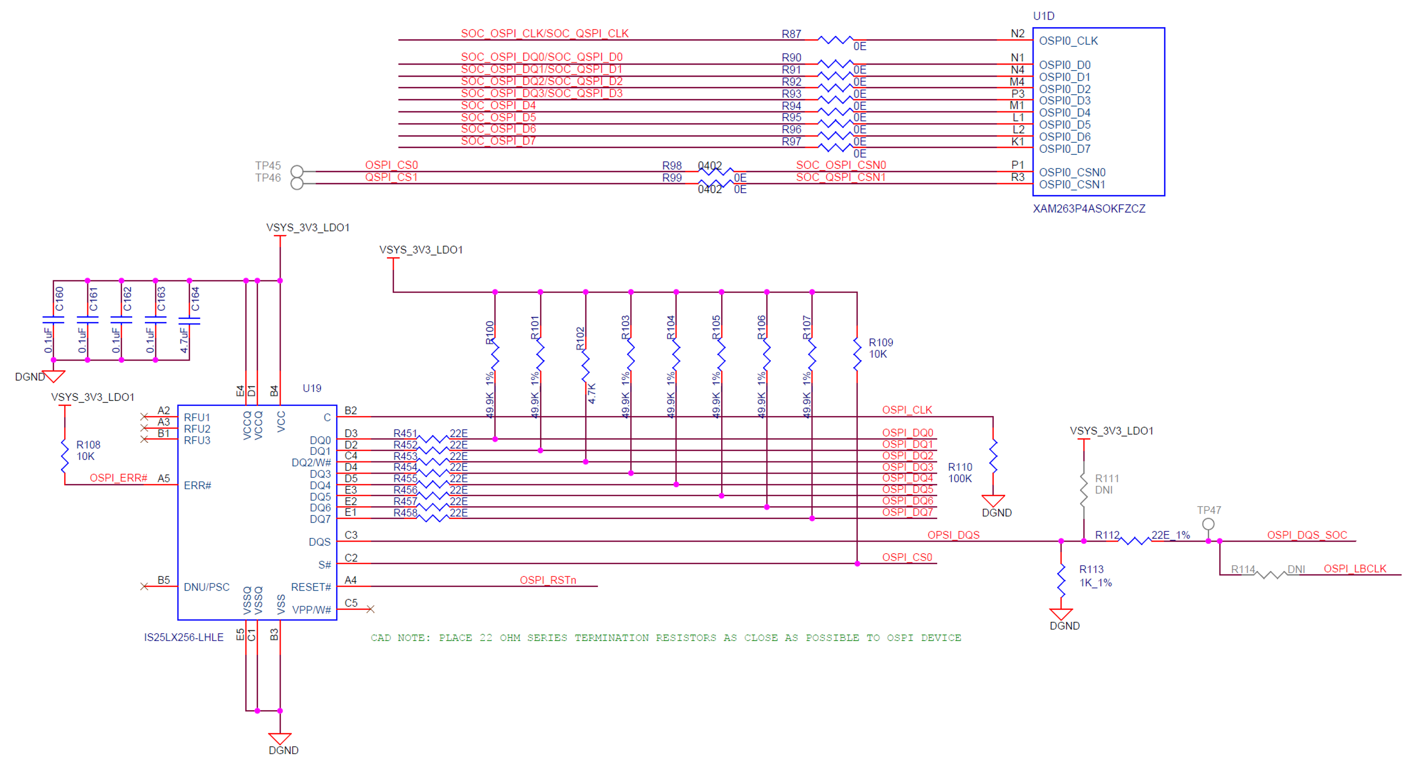  示例 AM263Px OSPI 控制器和 NOR 闪存存储器原理图