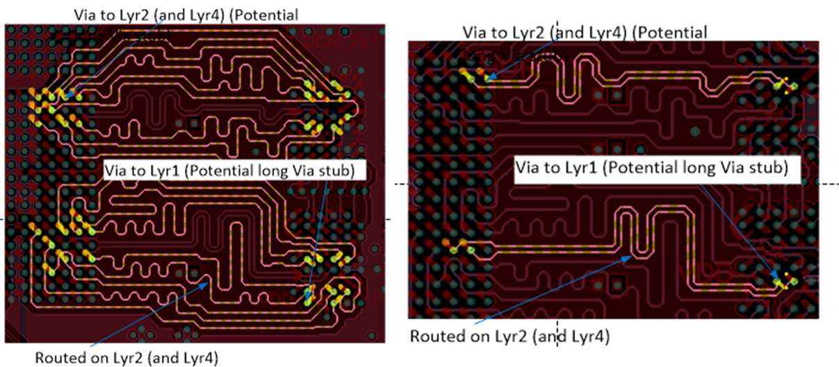  LPDDR4 数据字节和 DQS 布线示例