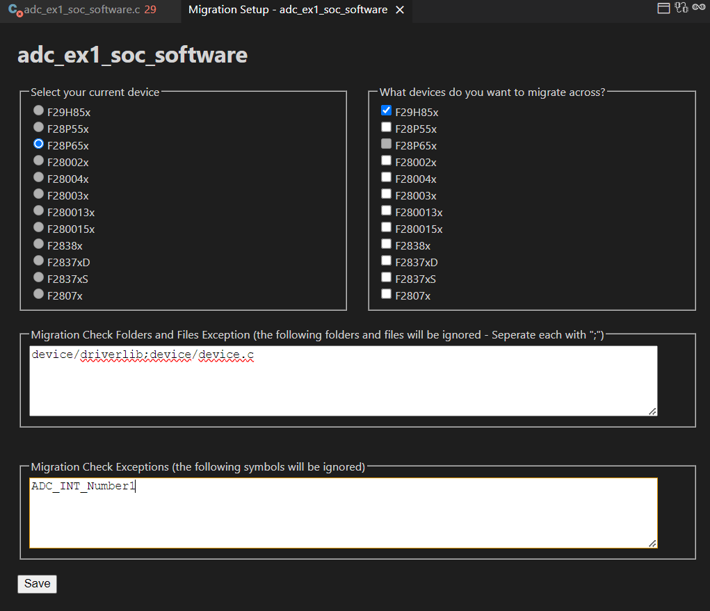  “迁移设置设定”页面