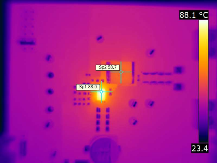 TPS548B23, TPS548B28 TPS548B28EVM 在 12Vin、1Vout、800kHz、20A 时的热成像图