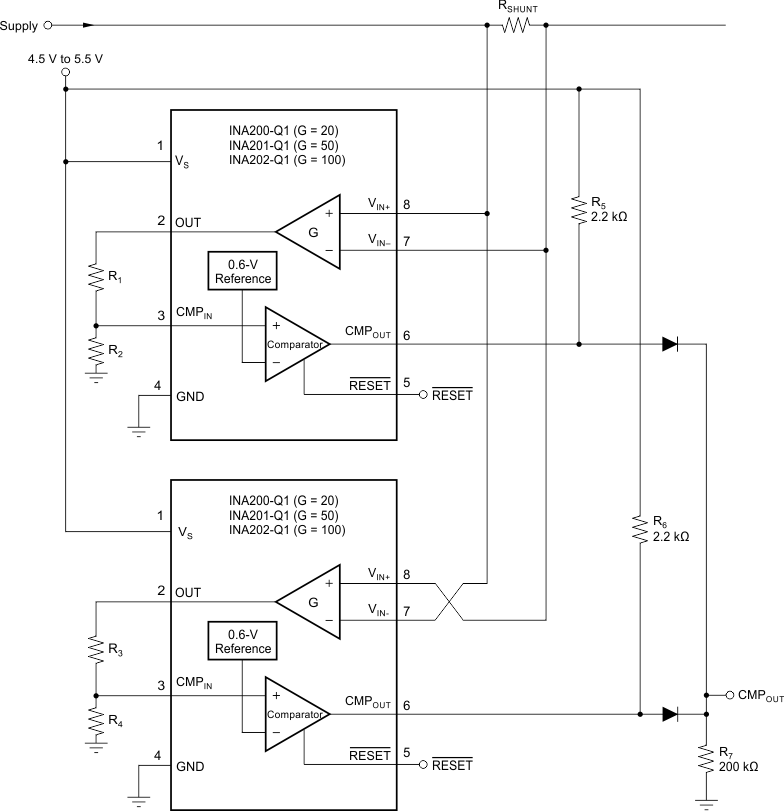 INA200-Q1 INA201-Q1 INA202-Q1 双向过流比较器