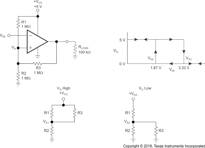TLV3201 TLV3202 采用反相配置且具有迟滞功能的 TLV3201
