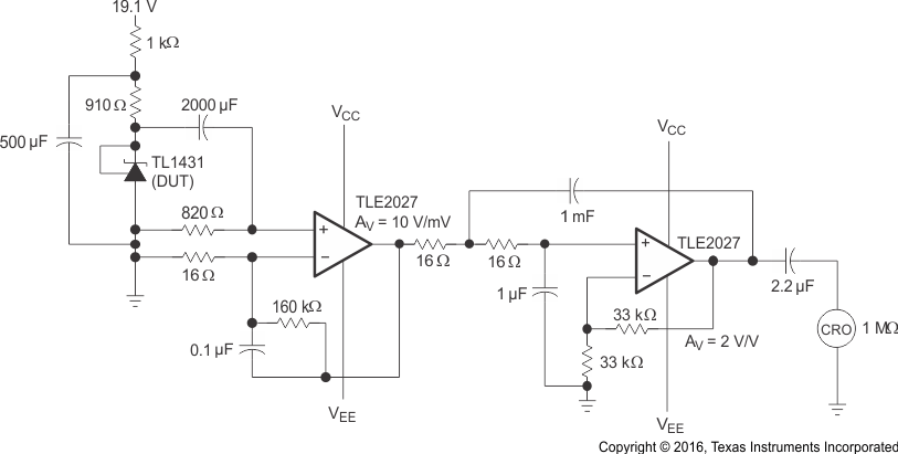 TL1431-SP Test Circuit
for 0.1-Hz to 10-Hz Equivalent Input-Noise Voltage GUID-51EF34DD-7E4A-459B-BDDF-F06CF1D87636-low.gif