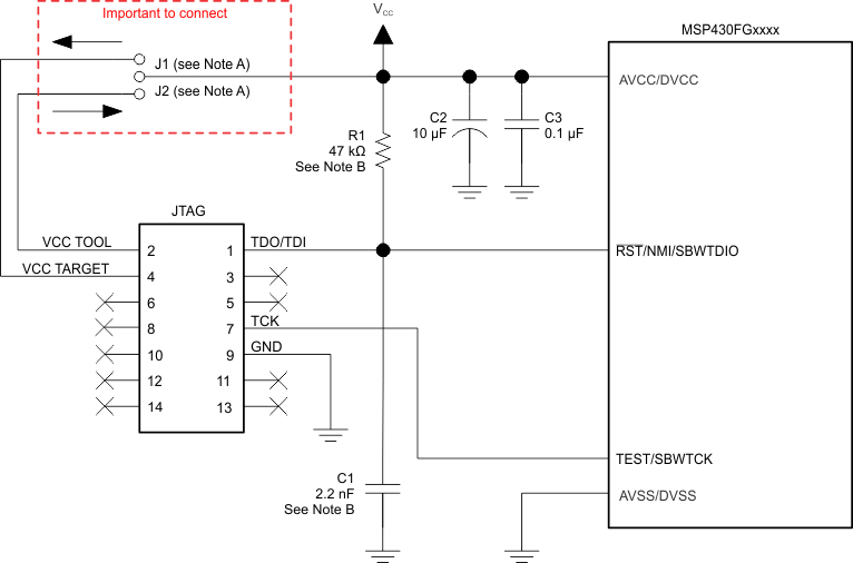 Signal Connections for 2-Wire JTAG Communication (Spy-Bi-Wire) GUID-34D623C8-84D8-474C-B092-677270C0CC0C-low.gif
