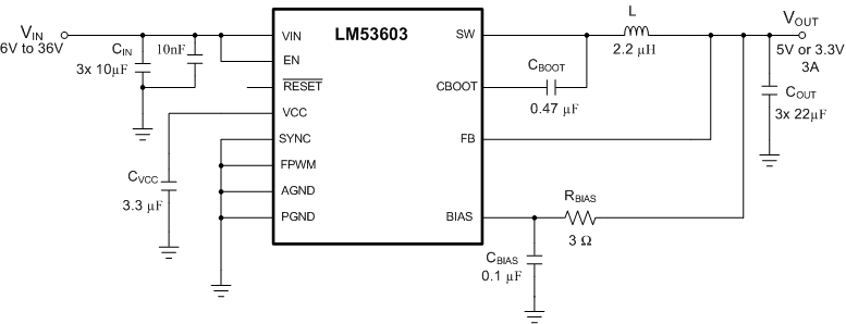 automotive buck regulator schematic power supply LM53602-Q1 LM53603-Q1 LM53603_automotive_supply_schematic.gif
