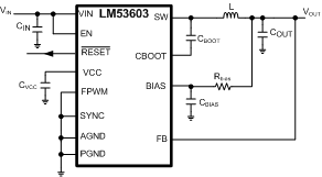 schematic for 3A automotive buck synchronous converter LM53602-Q1 LM53603-Q1 LM53603_simple_schematic.gif