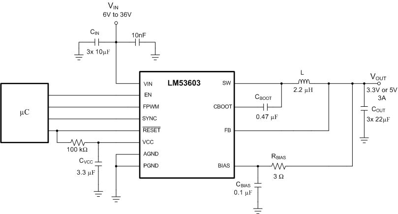 automotive buck regulator schematic power supply programmable micro
			 controller LM53602-Q1 LM53603-Q1 typ_app_cir5_fixed_features.gif