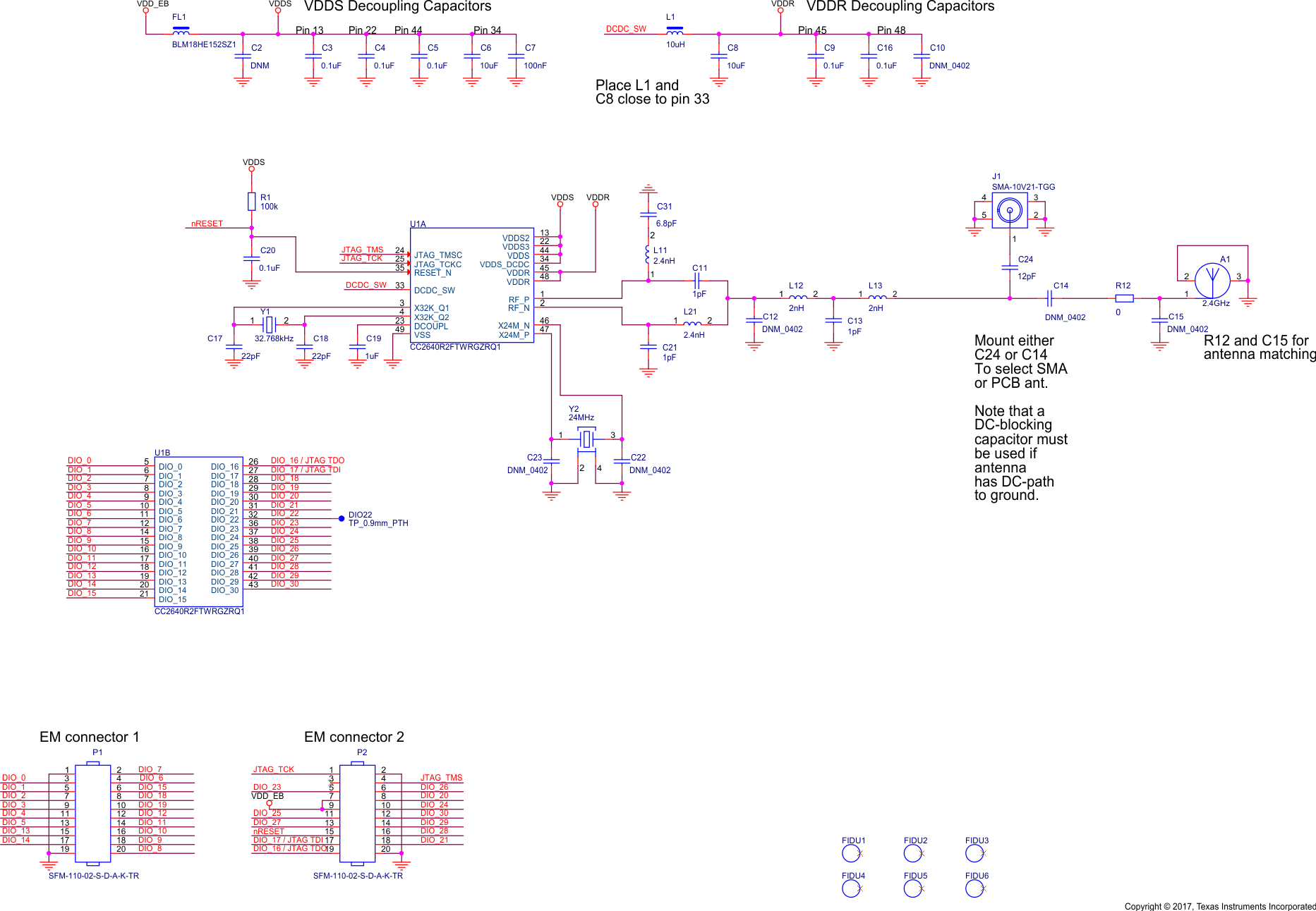 CC2640R2F-Q1 7 × 7 Internal Differential (7ID) Application Circuit