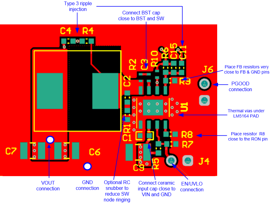 LM5164-Q1 LM5164-Q1 Single-Sided PCB Layout Example
