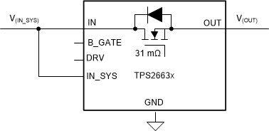 TPS2663 Configuration for Applications Without Input Reverse Polarity Protection and Reverse Current Blocking Requirement TPS2663 Configuration for Applications Without Input Reverse Polarity Protection and Reverse Current Blocking Requirement