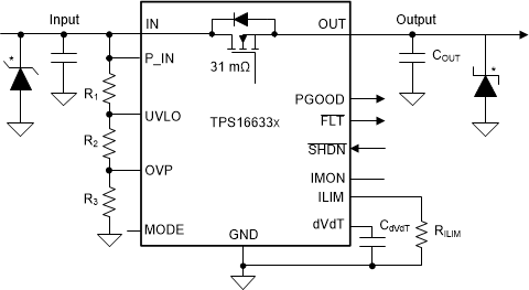 TPS1663 Circuit Implementation With Optional
Protection Components for TPS1663x GUID-817737E5-0EFD-4858-82EA-FCFC0CC1B5E7-low.gif