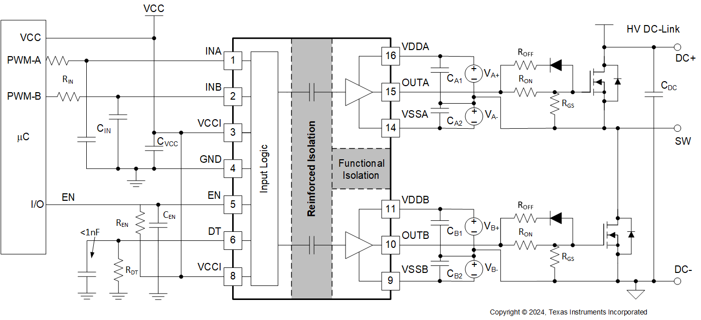 UCC21530-Q1 使用双电源的典型应用原理图