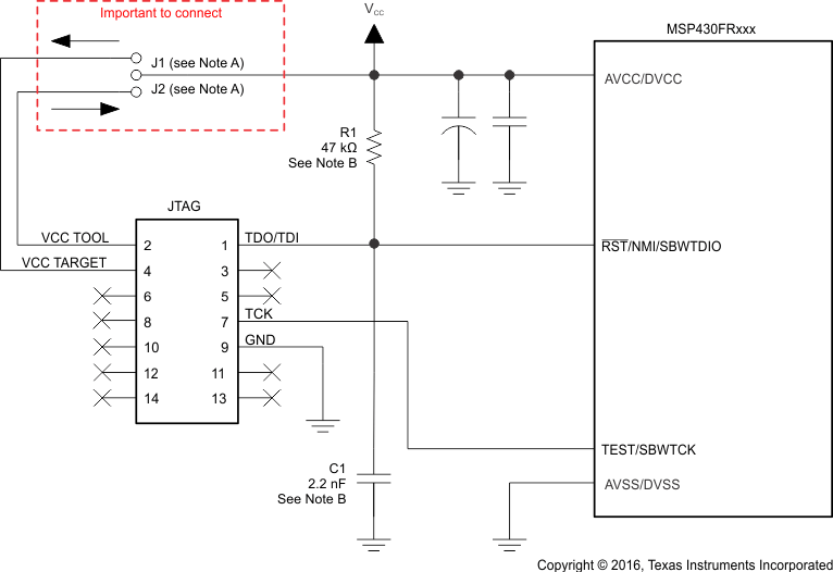 Signal Connections for 2-Wire JTAG Communication (Spy-Bi-Wire) GUID-C8946915-61D7-4278-BF2F-C687DC233BCF-low.gif