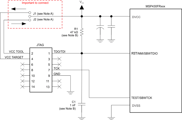 Signal Connections for 2-Wire JTAG Communication (Spy-Bi-Wire) GUID-04B4C53C-2B8A-4CE2-9B99-F071DFA3E241-low.gif
