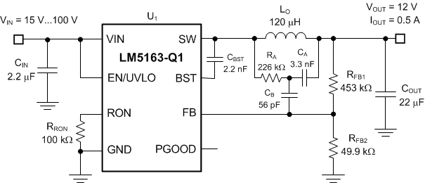 LM5163-Q1 Typical Application VIN(nom) = 48 V, VOUT = 12 V, IOUT(max) = 0.5 A, FSW(nom) = 300 kHz