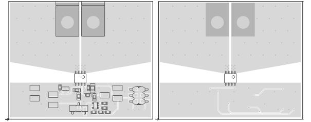TMCS1101 建议的板顶部（左侧）和底部（右侧）平面布局