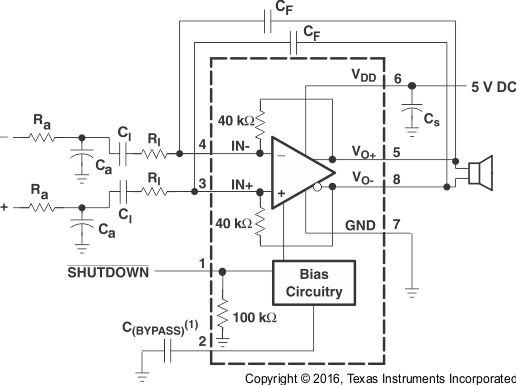 TPA6211T-Q1 Differential Input Application Schematic With Input Bandpass Filter