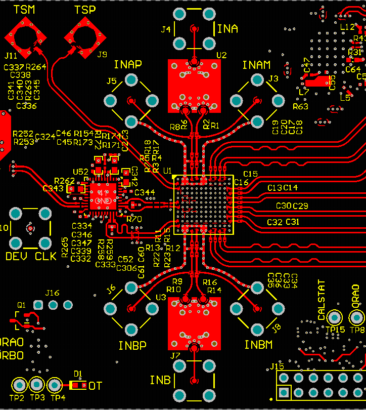ADC12DJ5200-SP 顶层布线：模拟输入、CLK 和 SYSREF、DA0-3、DB0-3