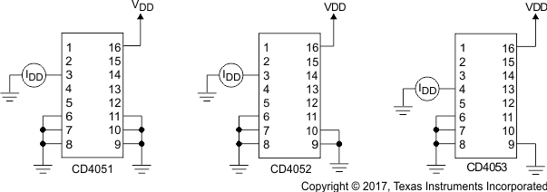 CD4051B CD4052B CD4053B 导通通道泄漏电流 — 任何通道开启