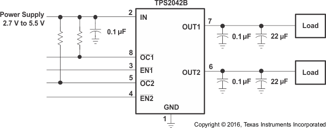 TPS2041B TPS2042B TPS2043B TPS2044B  TPS2051B TPS2052B TPS2053B TPS2054B 典型应用原理图